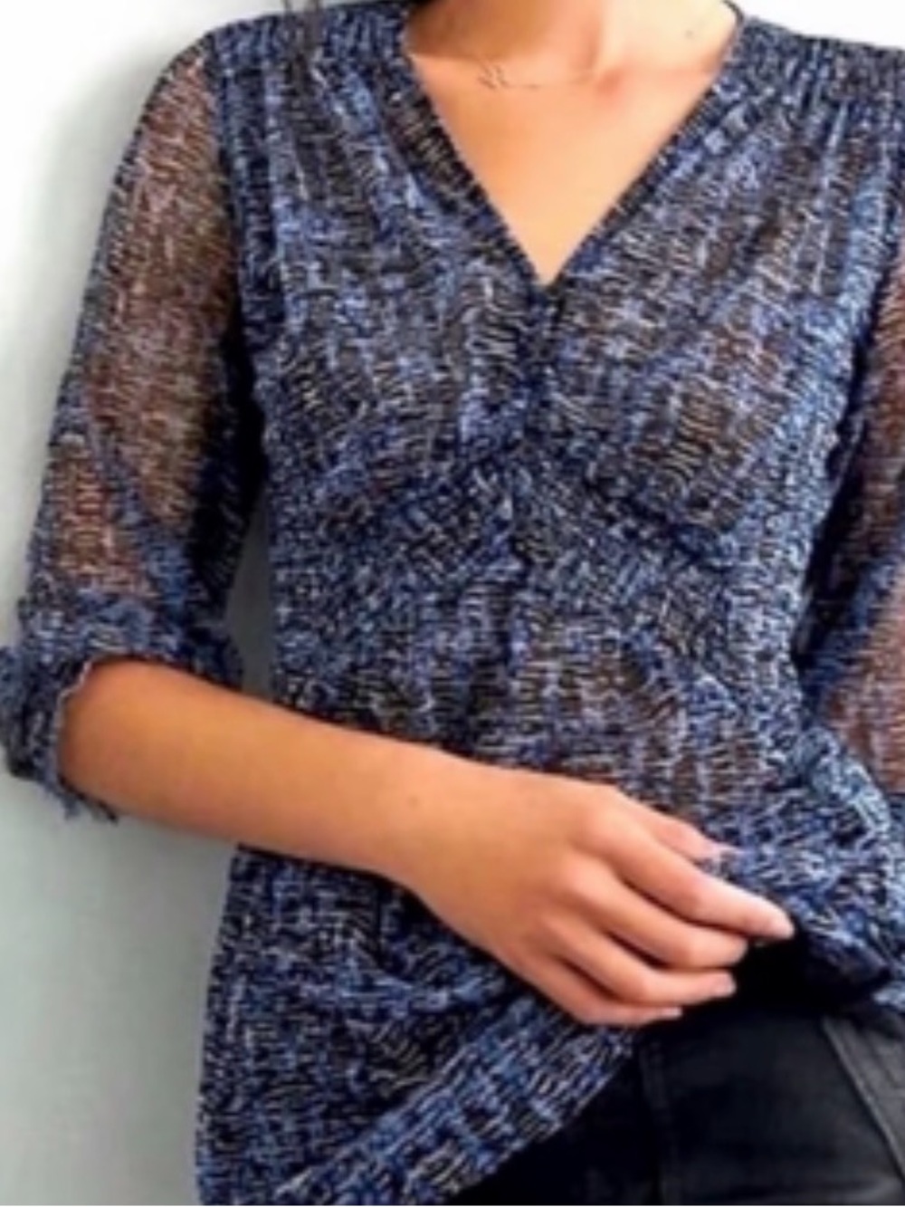 Anthropologie Blue Textured V-Neck Sheer Knit Top